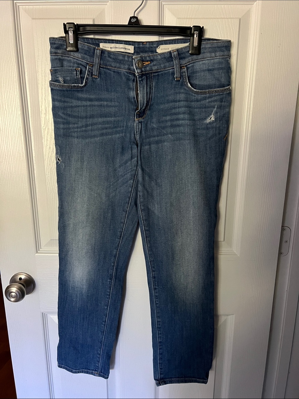 Pilcro and the Letterpress Straight-Leg Mid Blue Jeans with Subtle Distress